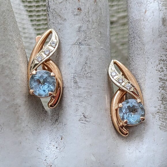 Ukrainian Solid 14K 585 Rose White Gold Blue Topaz Diamond Cluster EARRINGS